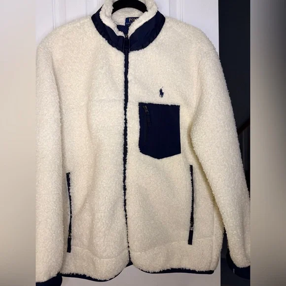 Ralph Lauren Men's Cream and Navy Pile Fleece Hybrid Jacket - Picture 5 of 13